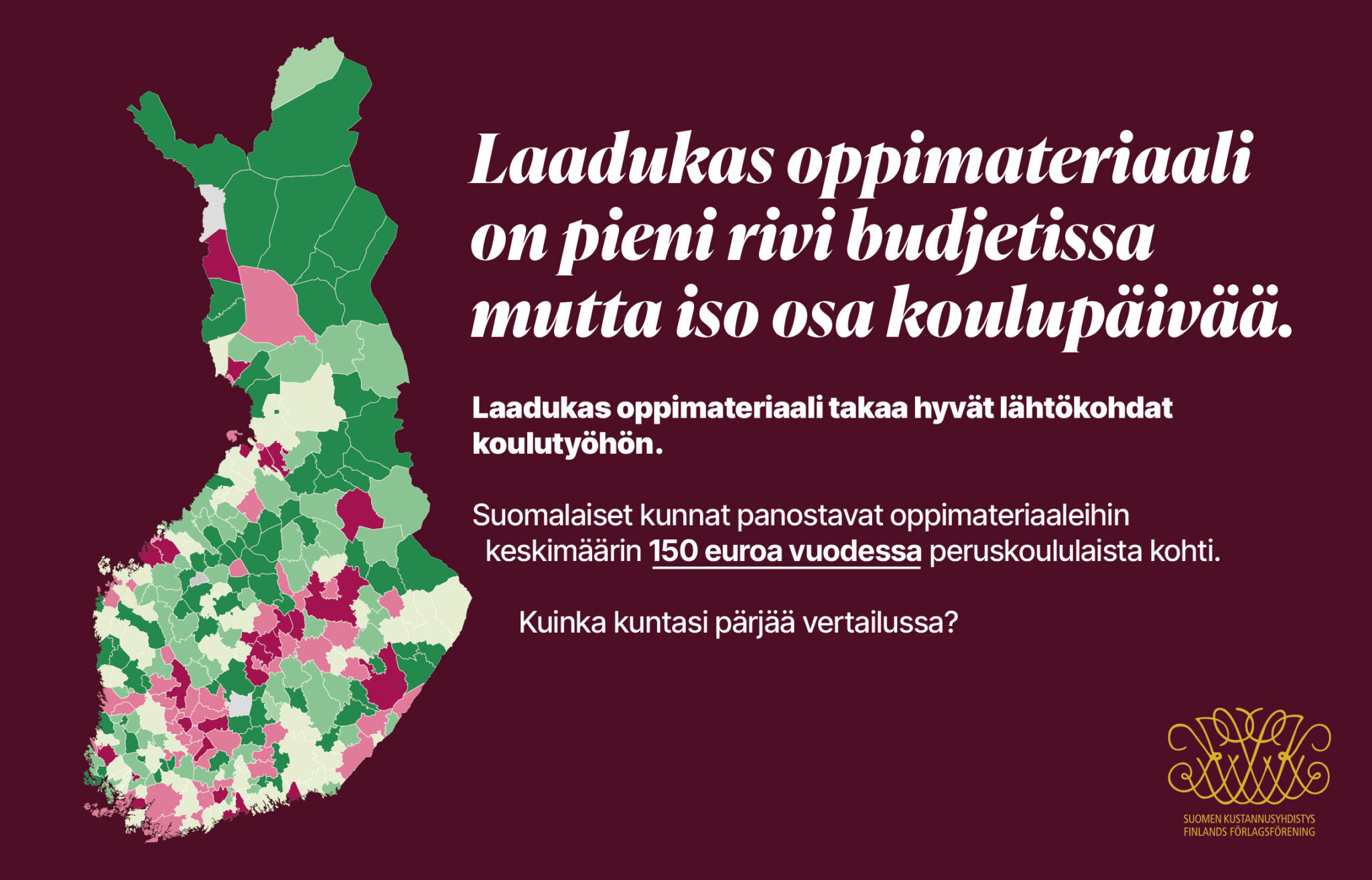 Suomen kartta, jossa kunnat merkitty erivärisillä vihreillä ja punaisilla.